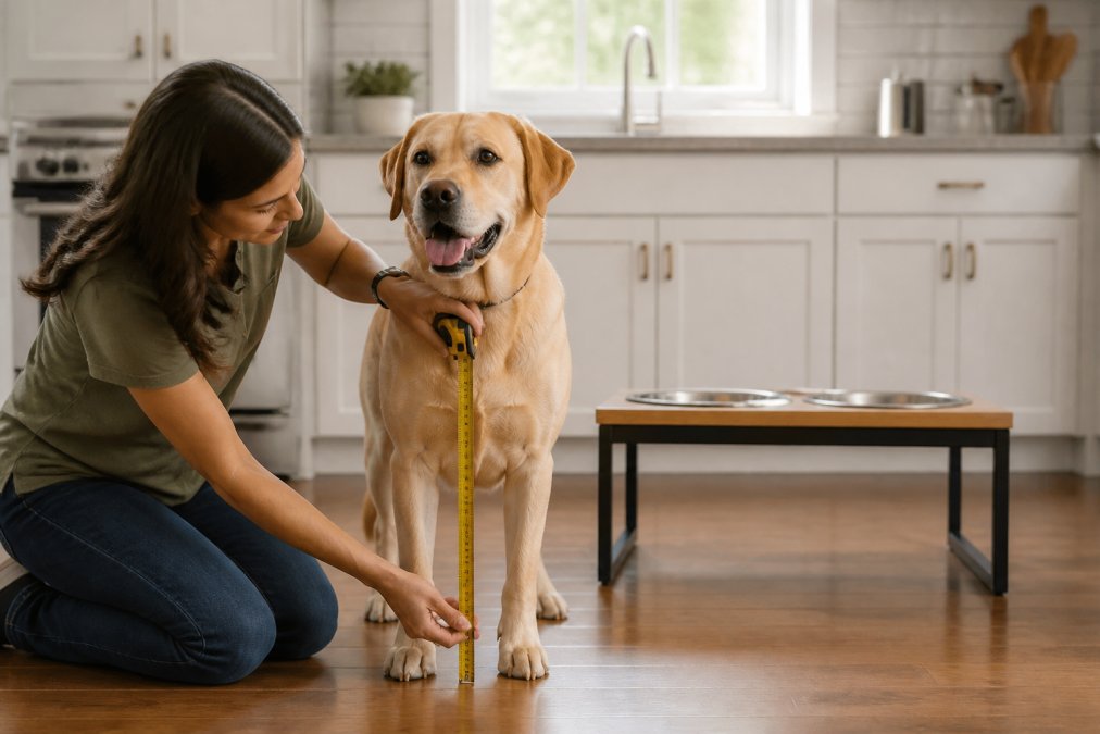 A person kneeling beside a large dog in a bright home kitchen, holding a tape measure against the dog's front leg to check shoulder height, with an elevated bowl stand visible behind them