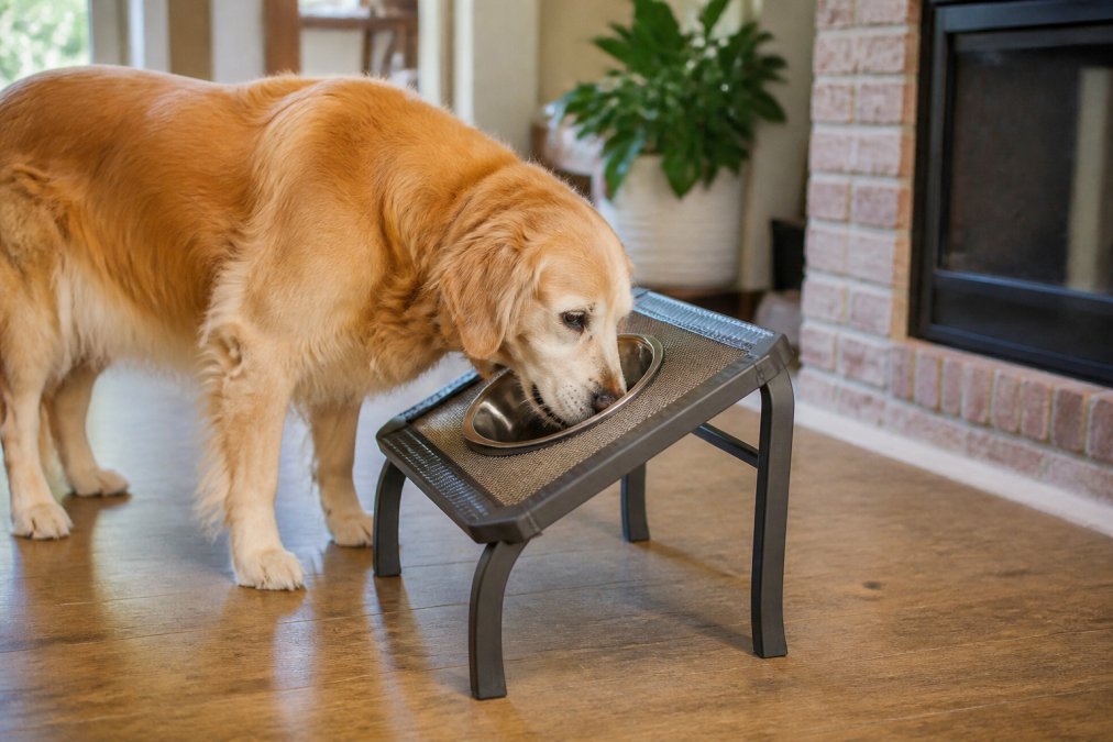Senior golden retriever eating from an elevated tilted bowl at chest height, showing relaxed neck posture and front legs in neutral position, natural home lighting