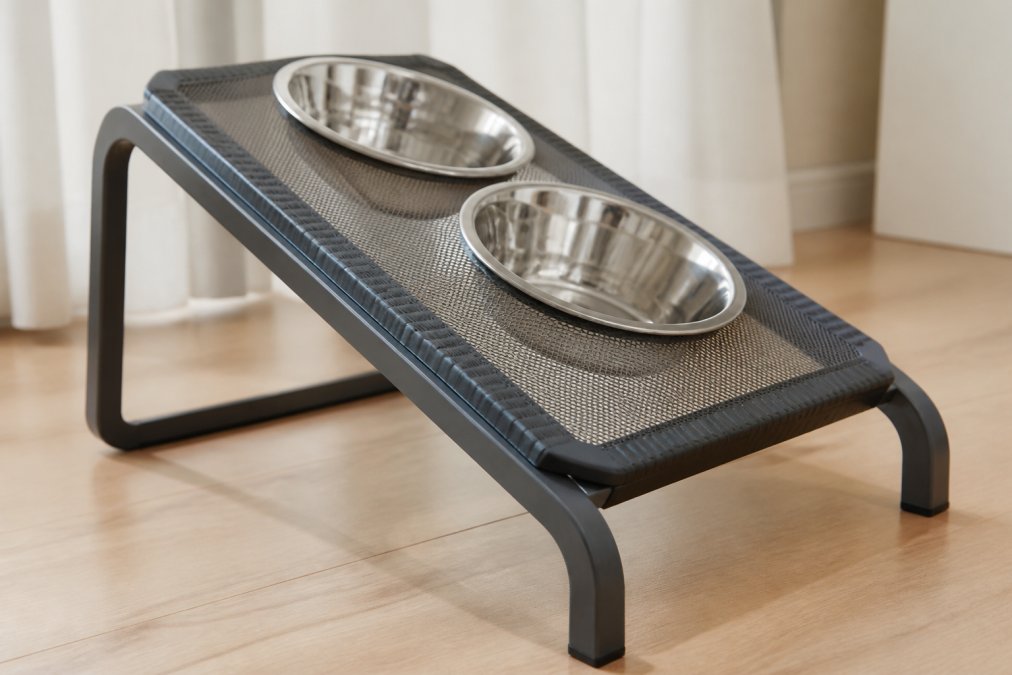 Close-up of a tilted elevated feeding station showing anti-slip rubber base, angled bowl at 15-degree tilt, and height measurement markers on the stand