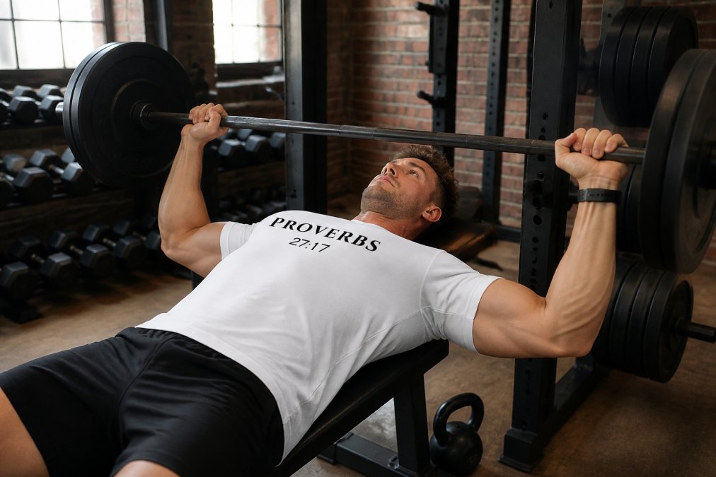 Person wearing faith-inspired gym apparel during intense barbell training, showing moisture-wicking fabric performance and unrestricted shoulder mobility during a heavy bench press movement