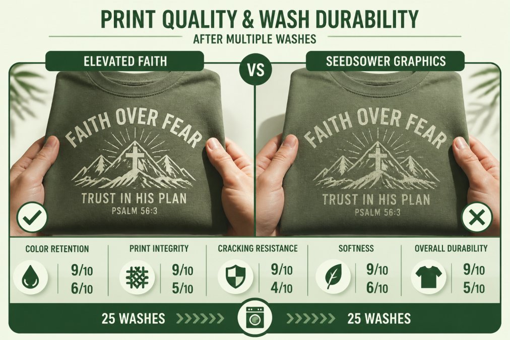 Close-up of hands holding two folded Christian graphic tees side by side under natural light, showing print detail and fabric texture after repeated washing