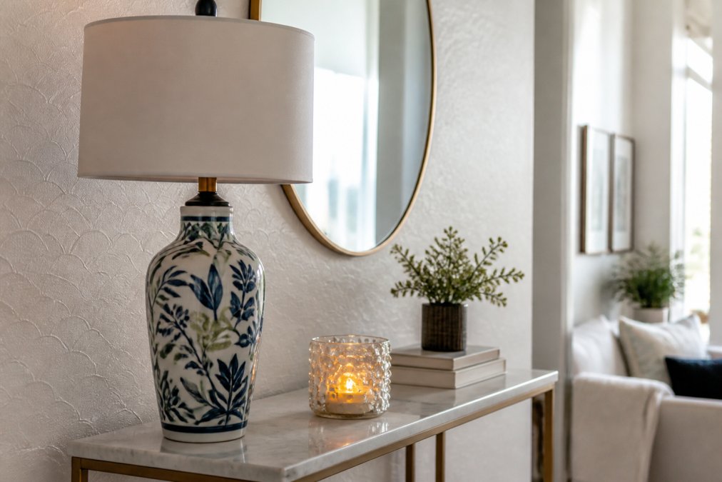 A bright small apartment corner styled with a hand-painted tequila bottle table lamp, a beaded glass candle jar, and a stack of books on a narrow console, with renter-friendly peel-and-stick details visible