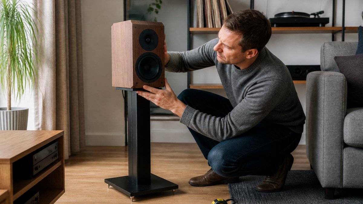 A person adjusting the position of a bookshelf speaker on a stand in a bright living room, measuring tape on the floor, concentrating on the angle