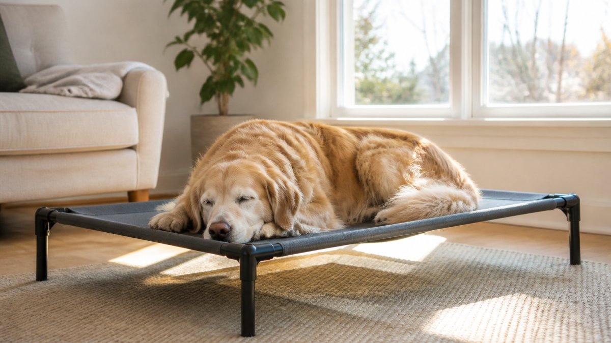 Senior golden retriever resting peacefully on an elevated orthopedic dog bed in a bright living room with morning sunlight streaming through windows, showing the dog's relaxed posture and visible airflow space beneath the raised frame