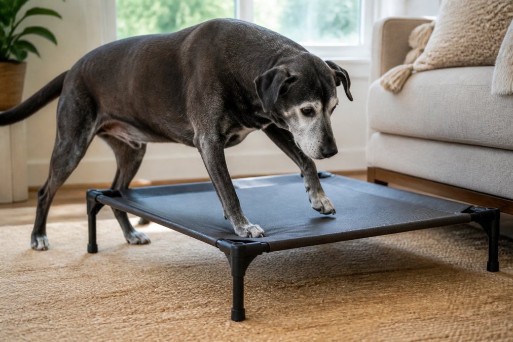 Senior dog with gray muzzle stepping onto a low-profile elevated bed with sturdy frame, showing comfortable entry angle and weight distribution on the mesh surface in natural home lighting