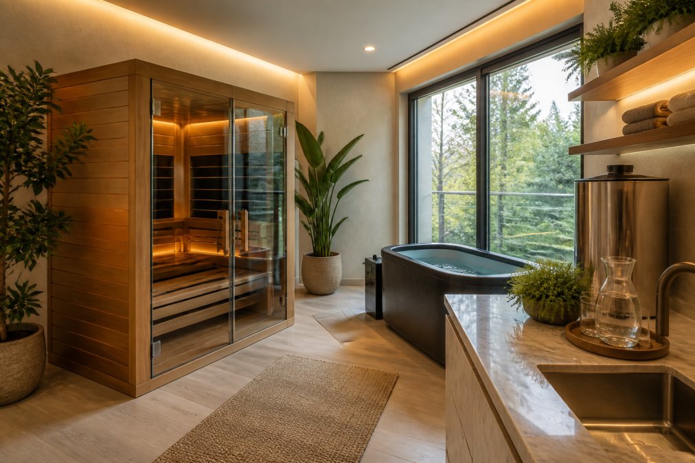 Serene home wellness sanctuary with soft warm lighting, a modern infrared sauna in the corner, a clean cold plunge tub positioned near floor-to-ceiling windows, natural wood accents, and premium water dispensing station on marble countertop with fresh plants throughout