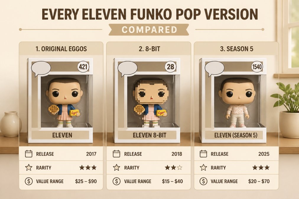 Three Eleven Funko Pop figures displayed side by side on a wooden shelf, showing the original Eggos version, the 8-bit pixelated variant, and the Season 5 figure in their window boxes, with soft natural light from a nearby window