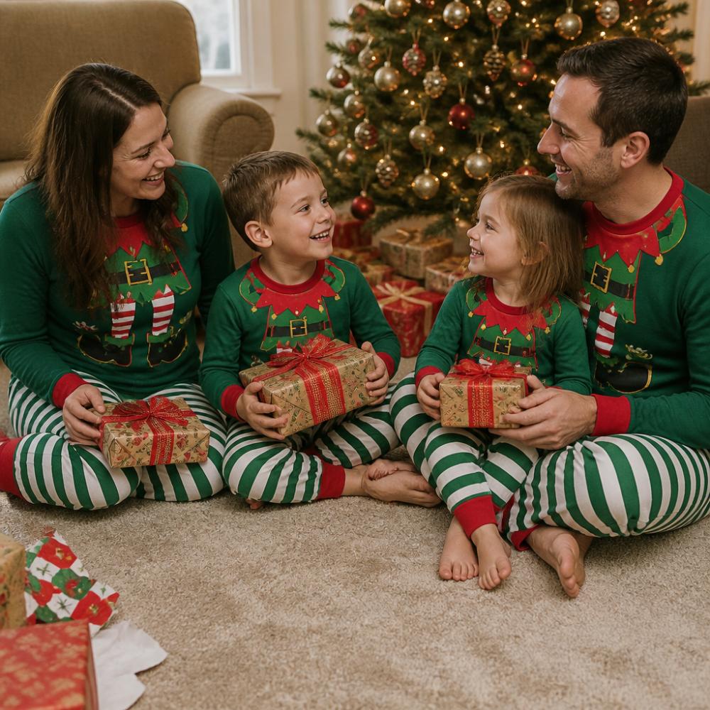 A family of four sitting on a living room floor on Christmas morning, all wearing matching red and green elf-print pajamas, smiling and holding wrapped gifts near a decorated tree