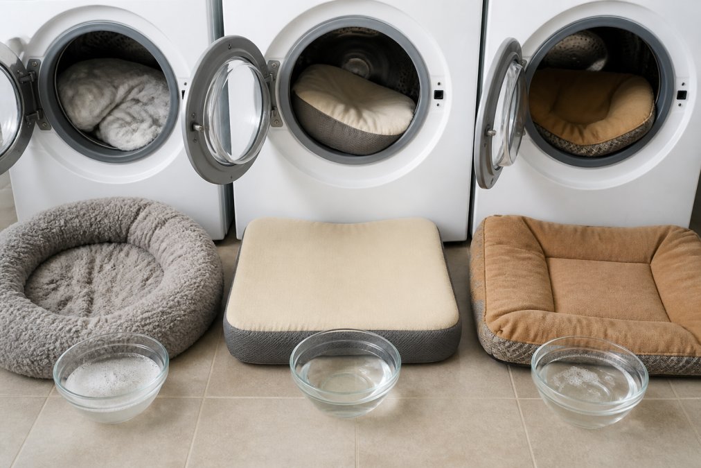 Three dog beds of different materials (cotton, memory foam, and synthetic) being washed with appropriate water temperatures and techniques labeled