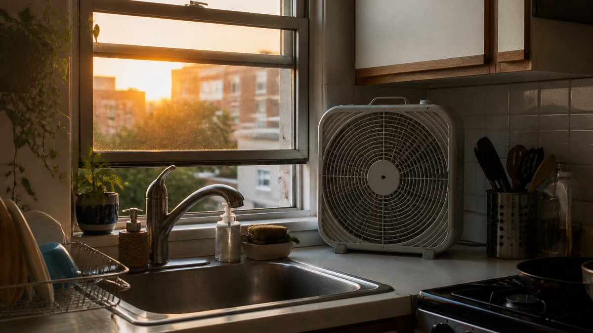 Box fan on a kitchen counter pointing out an open window to clear air