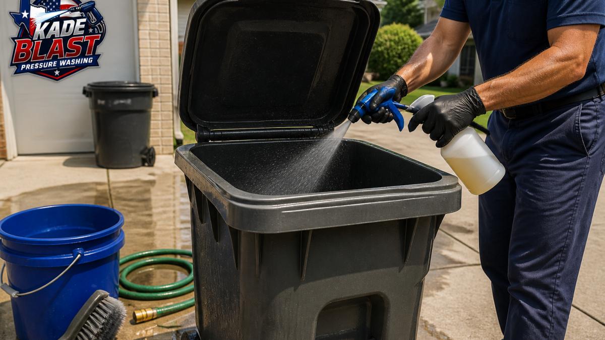 Gloved hands spraying disinfectant inside a trash bin to assist in eliminating harmful bacteria in trash cans