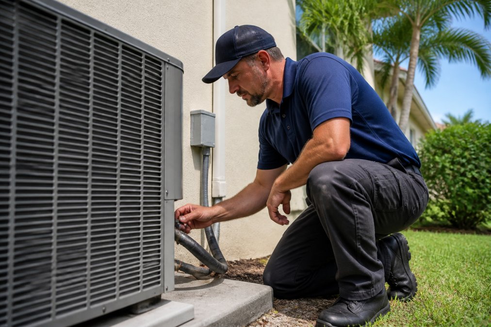 A licensed HVAC technician in a branded uniform crouching beside an outdoor AC condenser unit at a Florida single-family home, inspecting refrigerant lines on a bright sunny afternoon