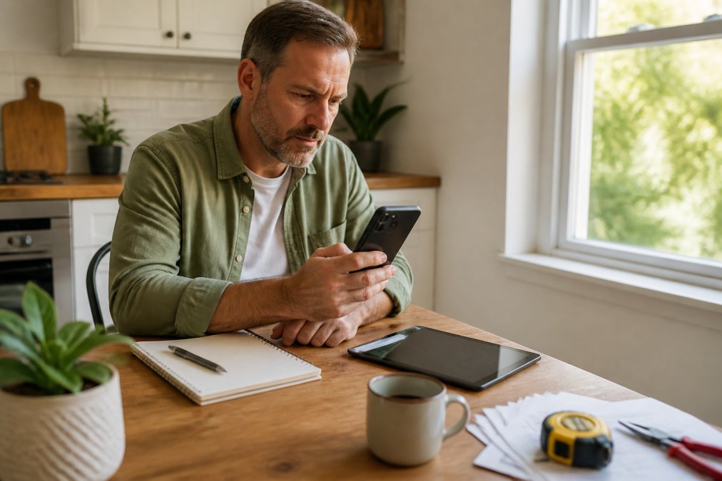 A homeowner seated at a kitchen table, holding a smartphone and reading contractor reviews and star ratings, with a tablet and notepad open nearby, warm natural light from a nearby window