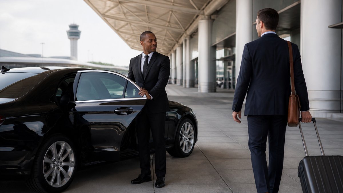 Professional chauffeur in dark suit standing beside a luxury black sedan at an airport terminal entrance, with a business traveler in professional attire approaching with luggage