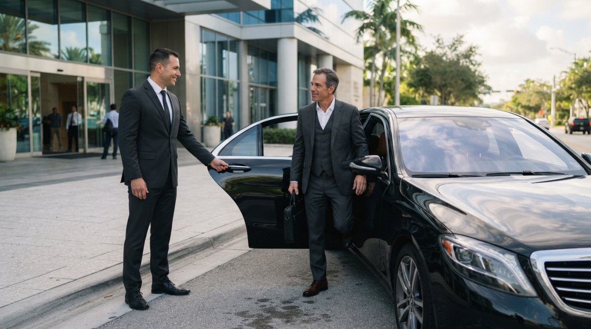 A professional chauffeur in a dark suit opening the rear door of a black luxury sedan for a business executive outside a modern office building, with soft morning light