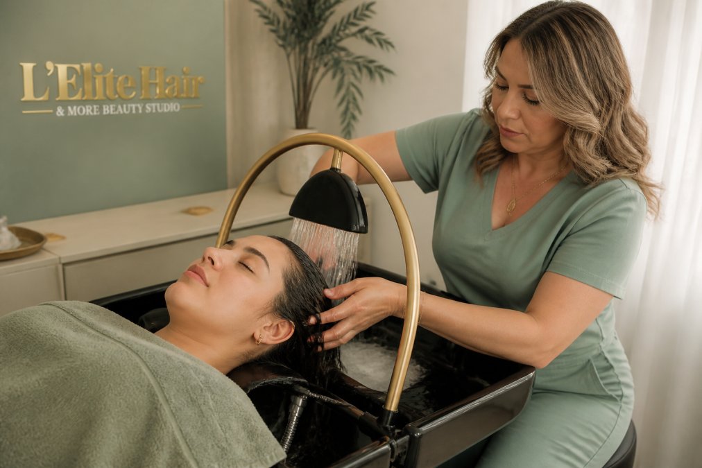 A woman relaxing on a treatment bed during a Japanese Head Spa session, with a specialist gently massaging her scalp and warm water flowing through her hair in a calm, softly lit studio