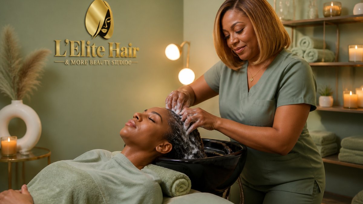 Professional technician performing a relaxing head spa massage on a client lying on a specialized spa bed in a calm, luxurious treatment room with soft lighting