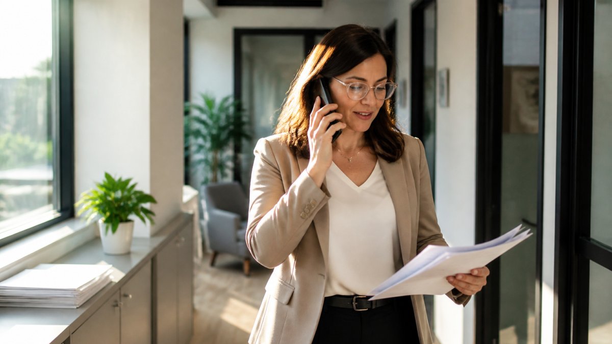 Professional practice manager sitting at modern desk with laptop and documents, reviewing billing provider options during video call with focused expression and organized workspace