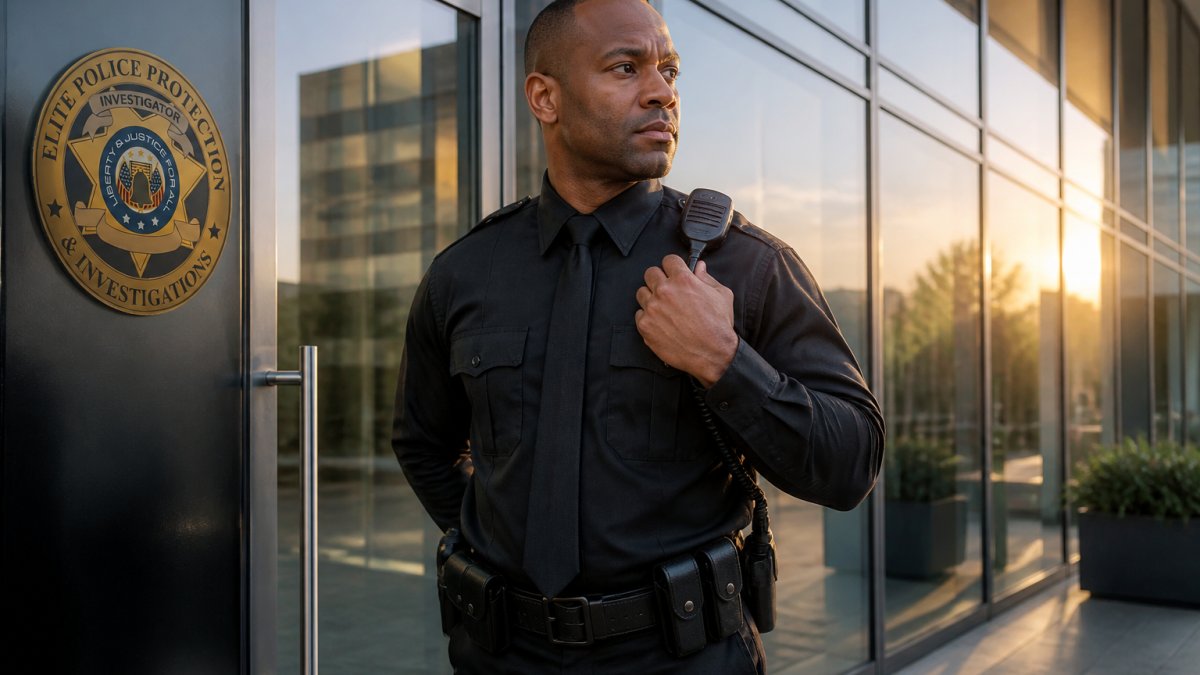 A professional security guard in a crisp uniform standing at the glass entrance of a modern commercial office building, hand resting near a radio, late afternoon light reflecting off the windows
