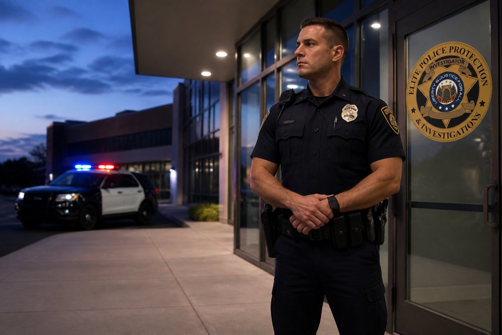 Uniformed officer providing elite security at a building entrance at dusk with a patrol vehicle nearby