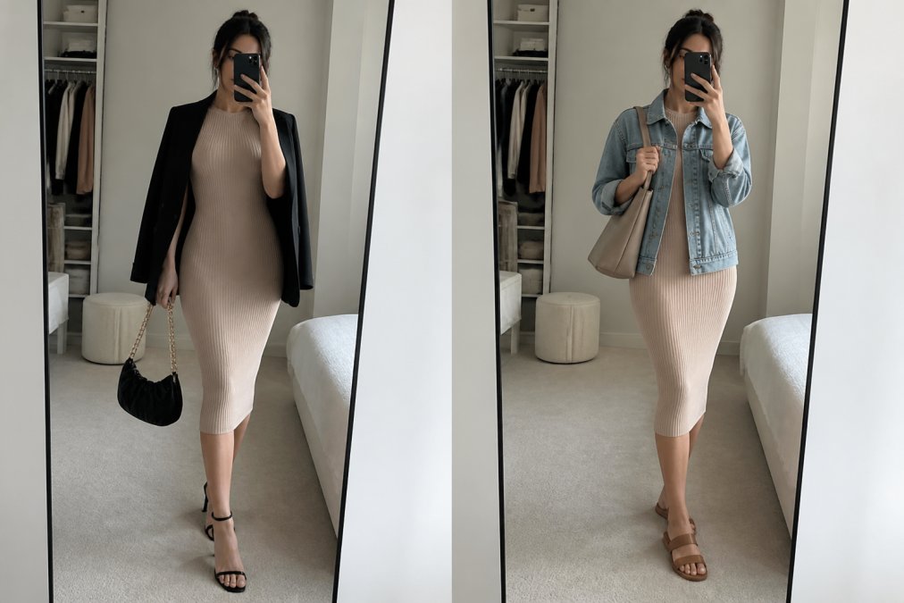 Young woman posing in front of a mirror wearing the Elegant Ribbed Midi Dress styled multiple ways, once with heels for evening, once with flats for daytime, showing versatility of a single quality piece