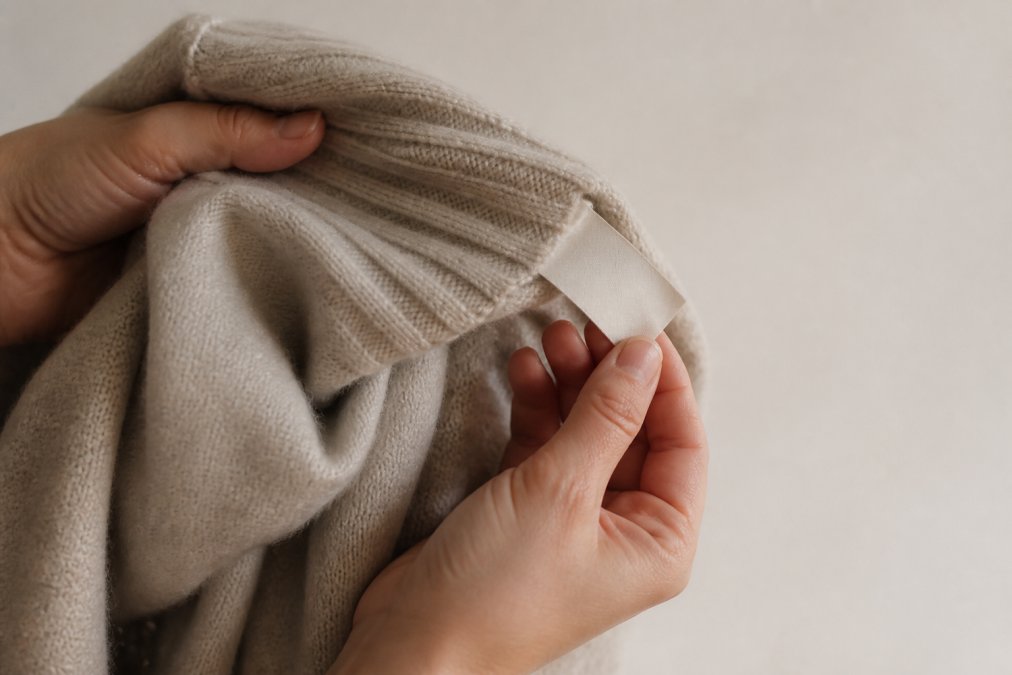 Close-up of hands holding a soft merino wool jumper against a neutral background, with a care label visible, showing natural fibre texture