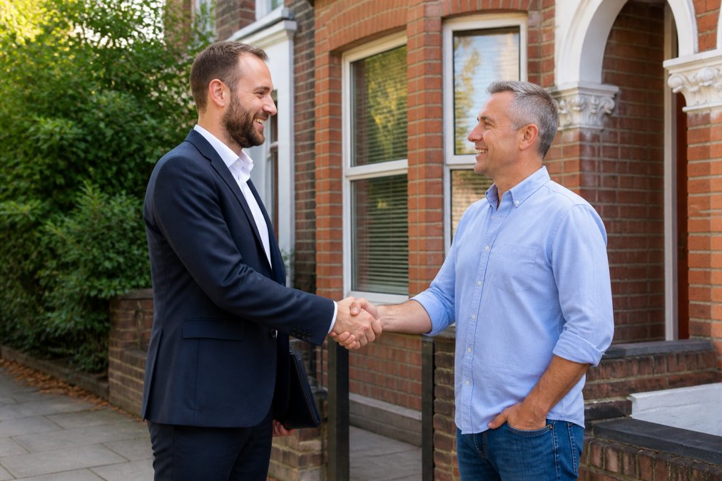 A professional property manager in a smart suit shaking hands with a landlord outside a well-maintained HMO house in a British town, bright daylight
