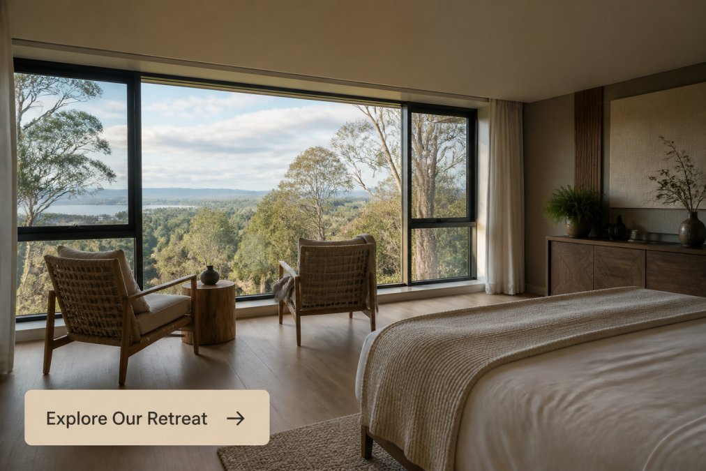 A serene private villa suite with floor-to-ceiling windows overlooking natural landscape, featuring minimalist décor, a comfortable bed, and soft natural light streaming through the space