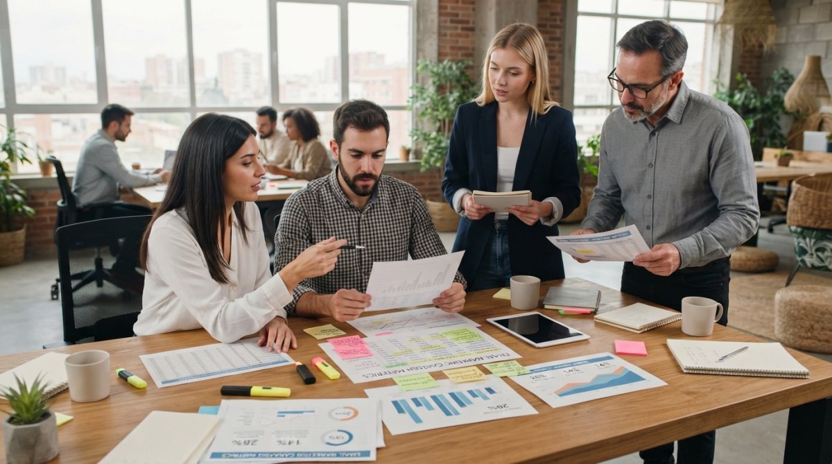 Equipo de agencia digital analizando métricas de email marketing en pantallas con gráficos de tasa de apertura y clics en oficina moderna con iluminación natural