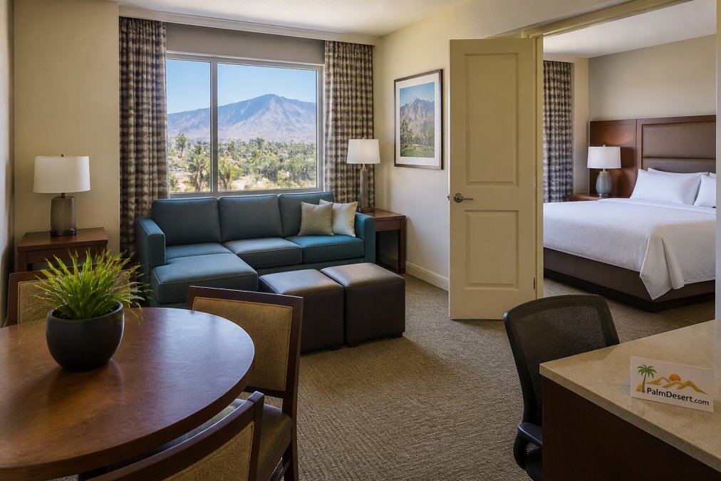 A spacious two-room suite at a desert hotel showing a separate living area with a sofa bed, a dining table, and large windows with mountain views in the bright afternoon light