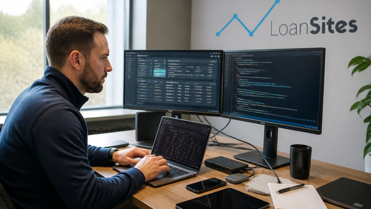 Professional loan officer at desk reviewing integration metrics and API response logs on dual-monitor setup in modern lending office with natural office lighting