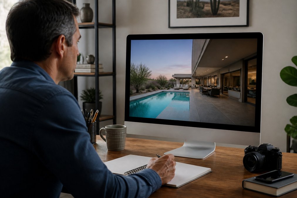 Professional real estate agent at desk reviewing 360-degree virtual tour on computer monitor with notebook and coffee nearby