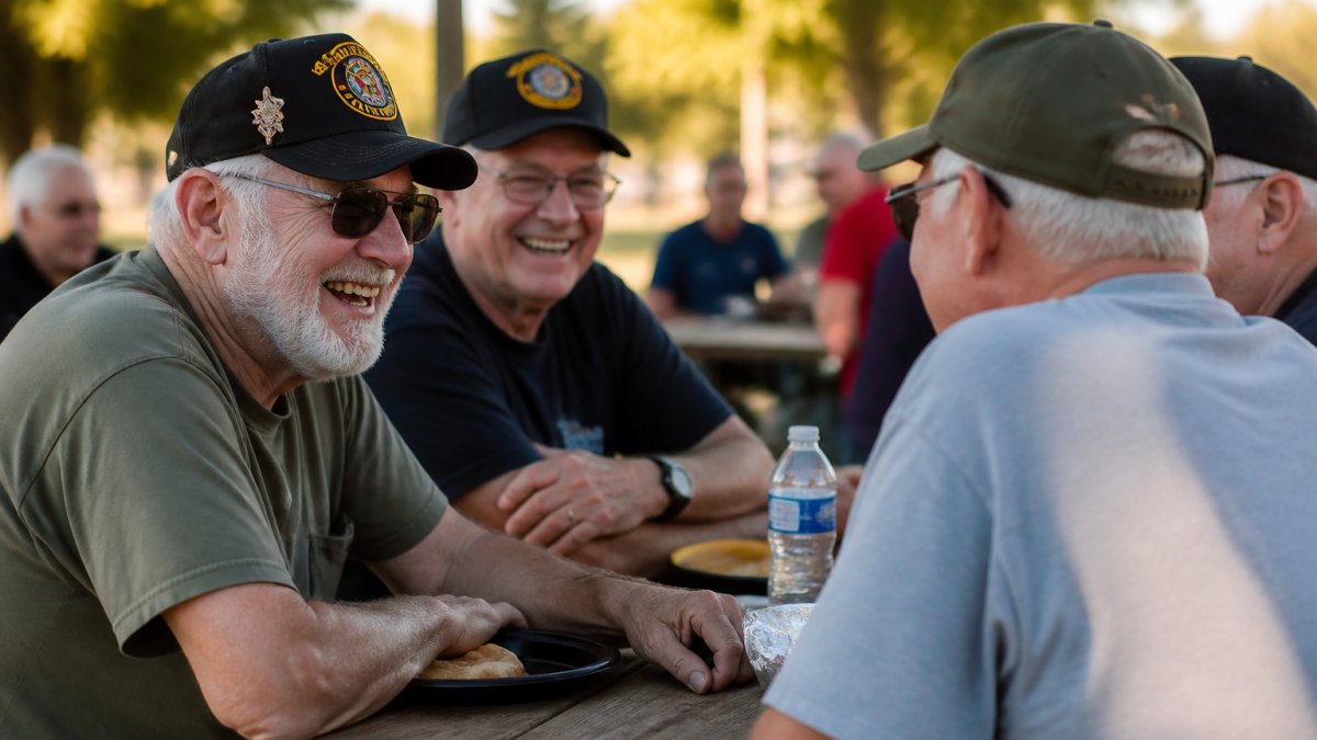 Infographic showing steps to customize an embroidered cap for veterans at a reunion picnic table.