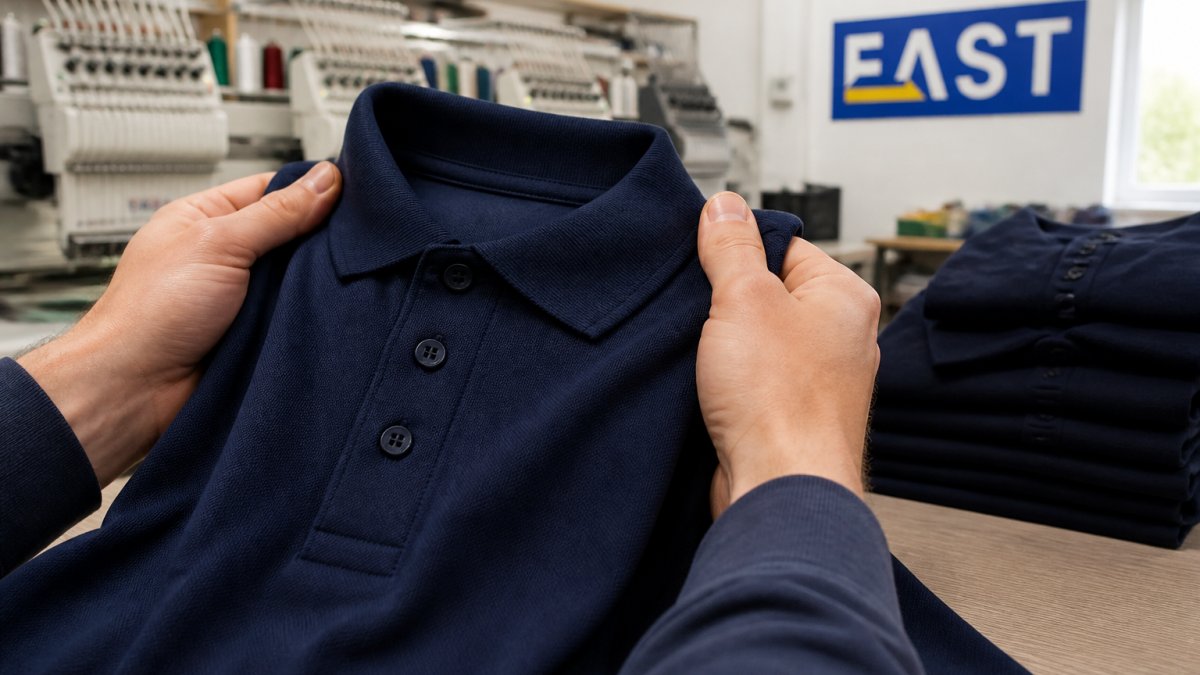 A close-up of a person's hands holding a freshly embroidered navy polo shirt with a company logo, showing neat stitching, in a bright workshop setting