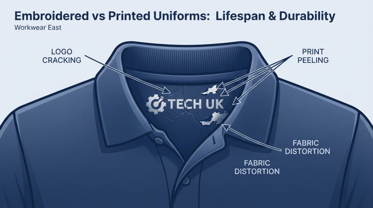 Professional illustration showing embroidered vs printed uniforms
