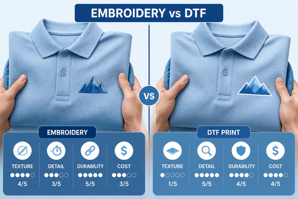 Close-up of a person's hands holding two identical polo shirts side by side, one with a small embroidered logo and one with a DTF-printed logo, showing the difference in texture and detail under natural light