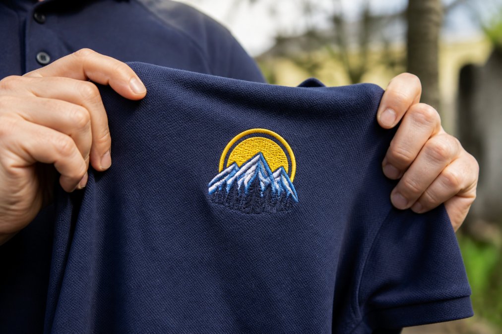 Close-up of embroidered logo on a polo shirt being held up in natural light, showing raised texture and stitch detail