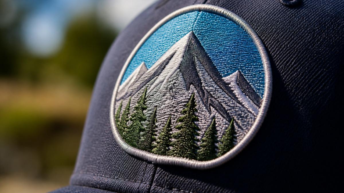 Close-up of an embroidered logo on a navy baseball cap showing raised thread texture, dimensional detail of the stitching, and professional finish under natural daylight