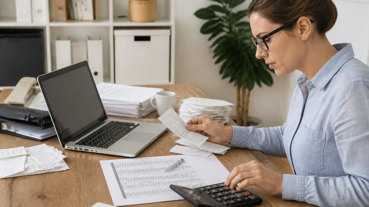 Bookkeeper comparing bank statements and spreadsheets to illustrate the limitations found in an Emburse vs Navan analysis.