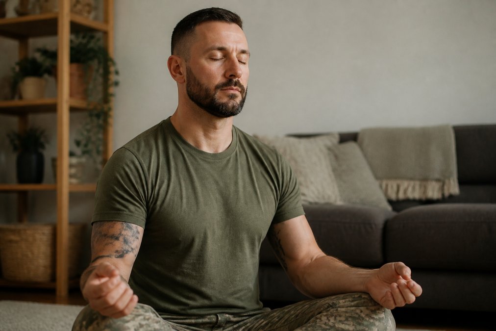 Veteran practicing grounding techniques at home for EMDR therapy combat PTSD recovery