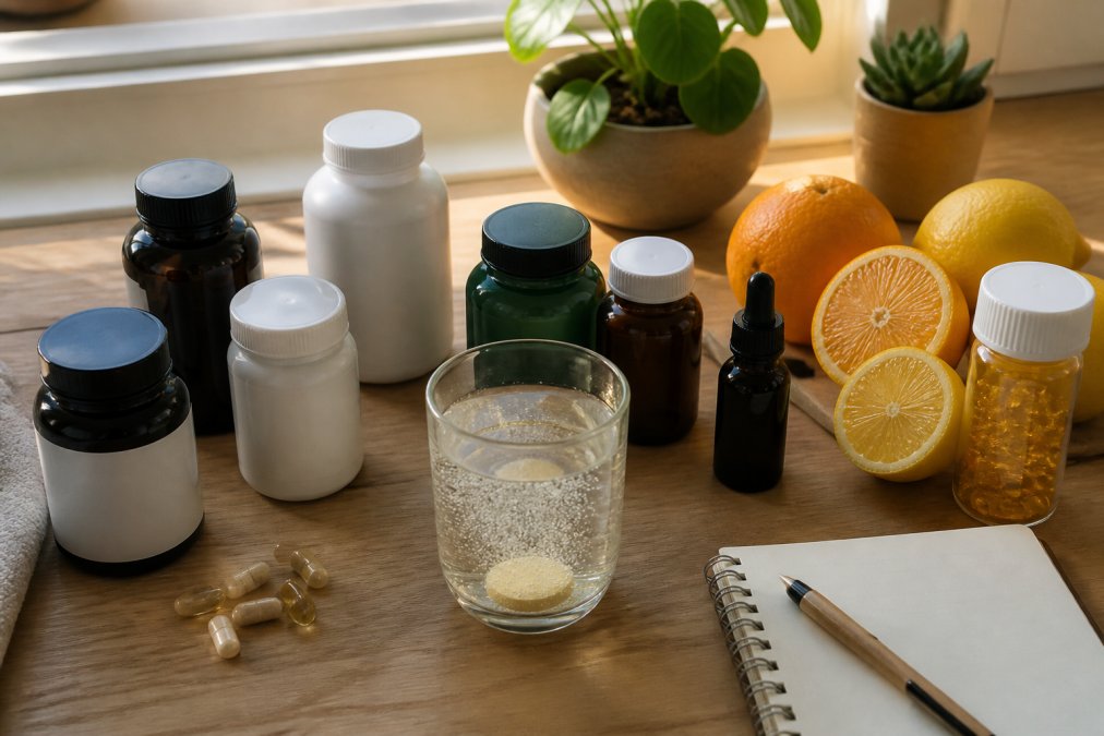 Supplement containers and fresh fruit on a counter for clean ingredients preparation