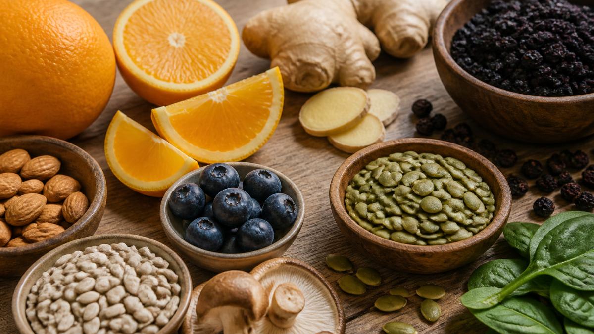 Citrus slices, ginger, elderberries, and pumpkin seeds as natural Emergen-C alternatives on a wooden table.