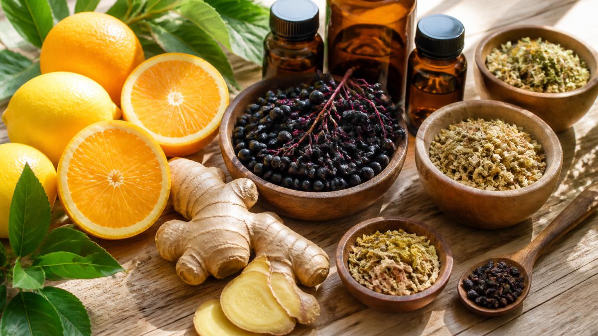 Citrus fruits, ginger, and elderberries arranged with vitamin bottles for natural immune support comparison.