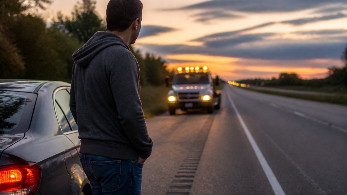 A driver standing safely on the shoulder of a highway at dusk, phone in hand, with a tow truck approaching in the distance