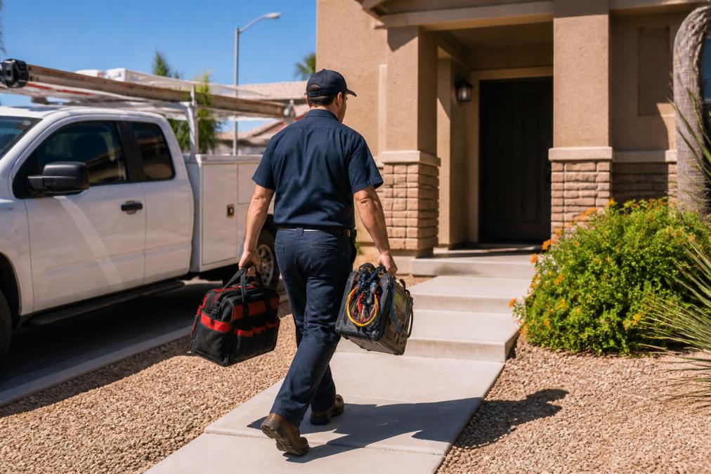 HVAC technician in uniform arriving at residential home with service truck, carrying diagnostic equipment and toolbox, approaching front entrance