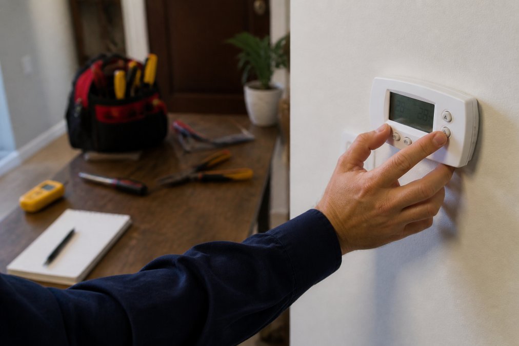 Homeowner's hand adjusting a wall-mounted digital thermostat, checking temperature settings and mode buttons with focused attention on the display