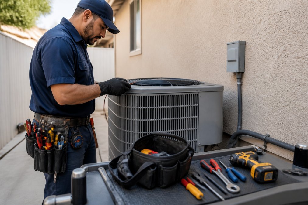 Professional HVAC technician in uniform and toolbelt standing at a residential home's outdoor air conditioning unit, preparing diagnostic equipment and tools for emergency service