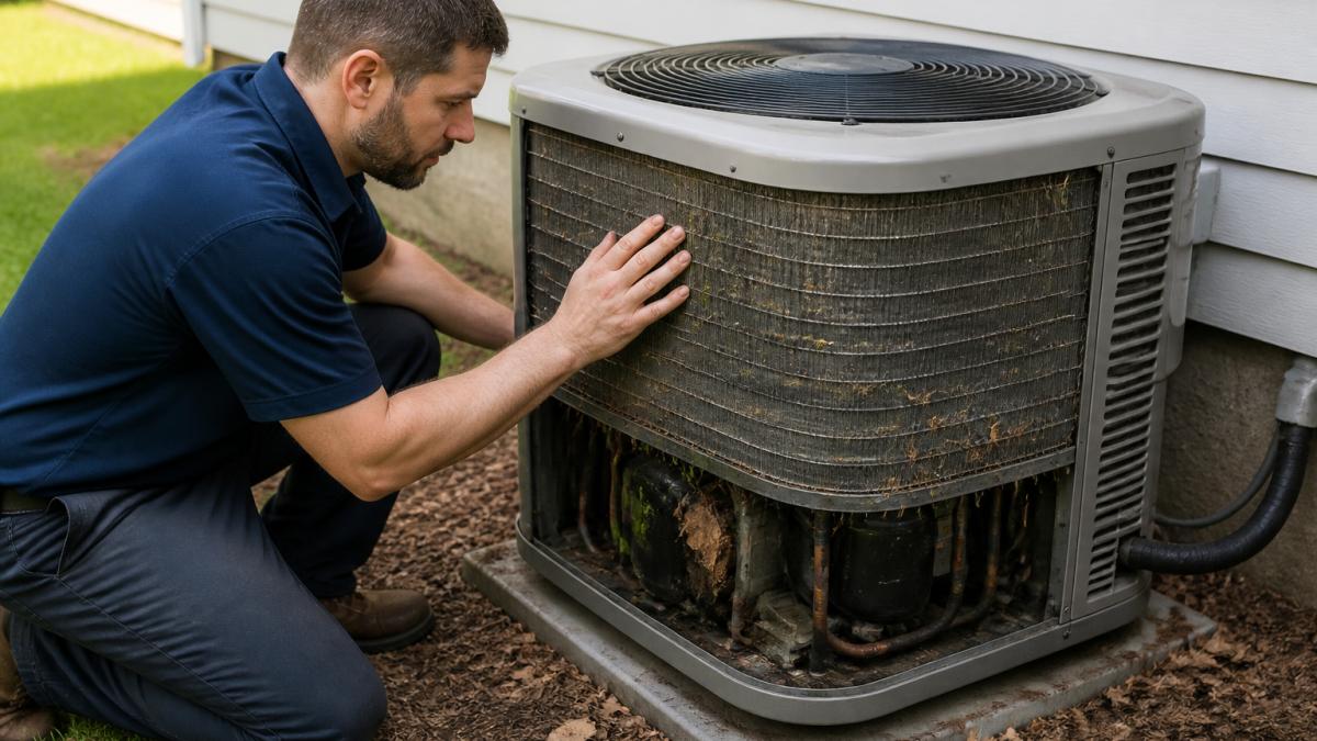 Homeowner in bright daylight carefully inspecting outdoor AC unit, examining aluminum fins and compressor area for leaves, debris, and visible damage