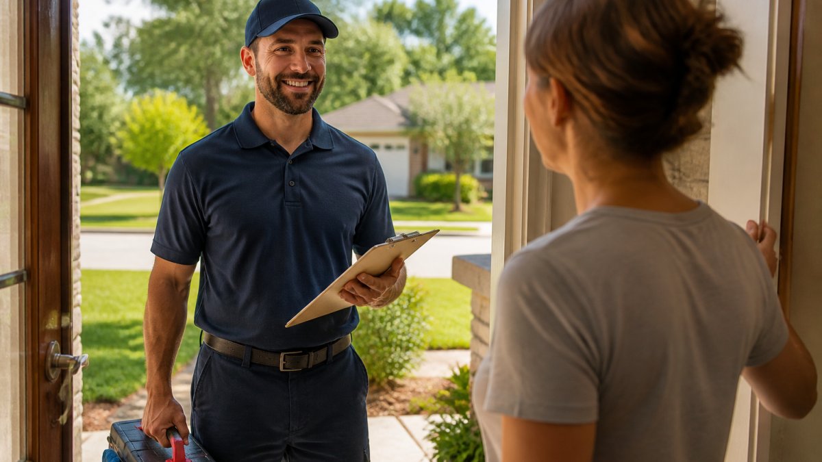A friendly HVAC technician in uniform standing at a homeowner's front door in a suburban neighborhood, holding a toolbox and clipboard, smiling as the homeowner opens the door. Bright daytime lighting, warm and professional atmosphere.