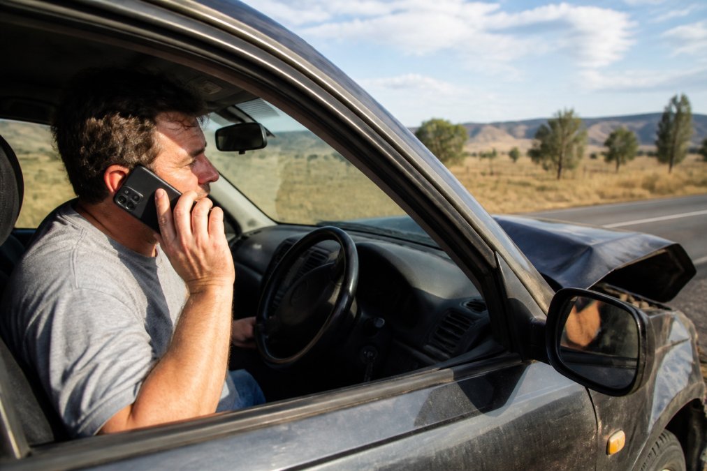 Regional driver sitting in damaged vehicle using mobile phone to call for emergency assistance, with rural landscape visible through the window, afternoon lighting